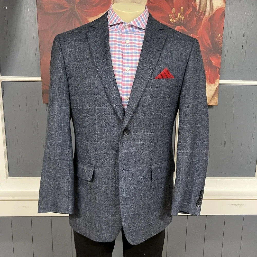 Pronto Uomo Sport Coat Blazer Jacket Mens‎ 42R Wool Rayon Blue Plaid Flannel